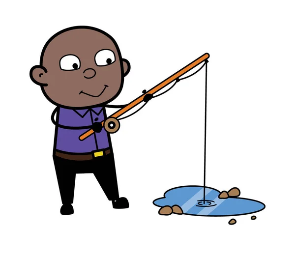 Cartoon Skallig Svart Man Fiske — Stock vektor