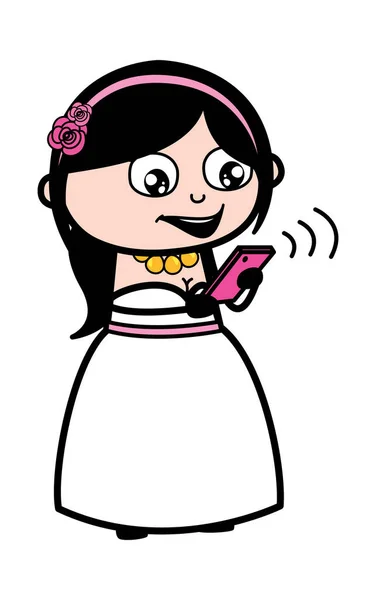 Novia Dibujos Animados Viendo Smartphone — Vector de stock