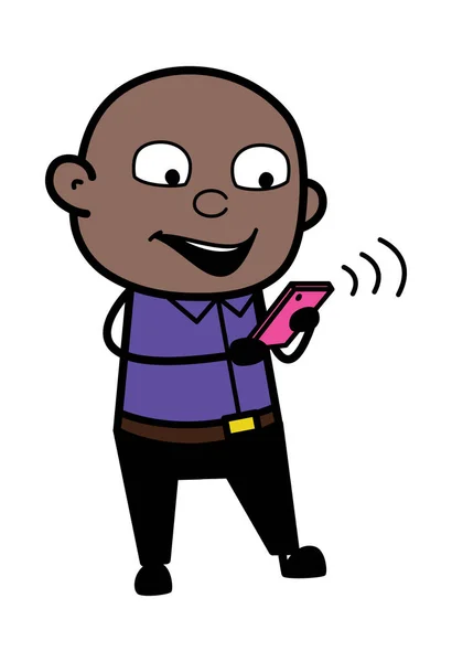 Cartoon Bald Black Man Kijken Smartphone — Stockvector