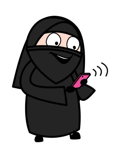 漫画イスラム教徒の女性のスマートフォンを見て — ストックベクタ