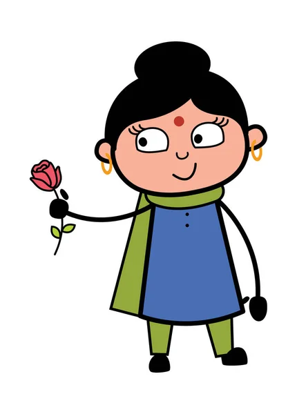 赤いバラを与える漫画インドの女性 — ストックベクタ