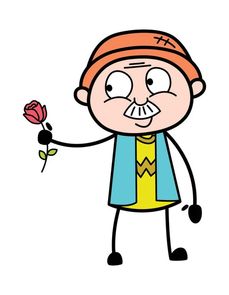 Dibujos Animados Abuelo Dando Una Rosa Roja — Vector de stock