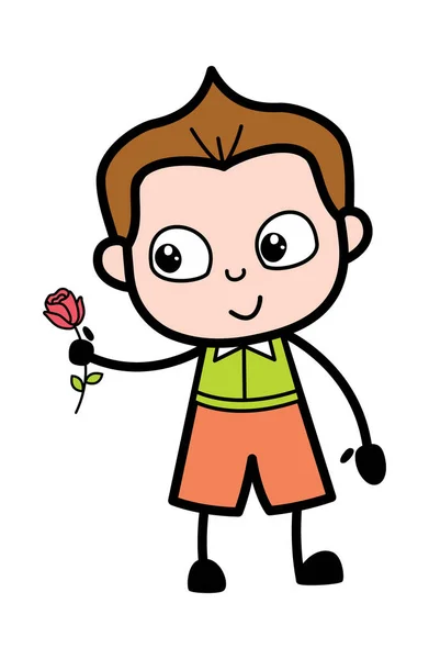 赤いバラを与える漫画の少年 — ストックベクタ