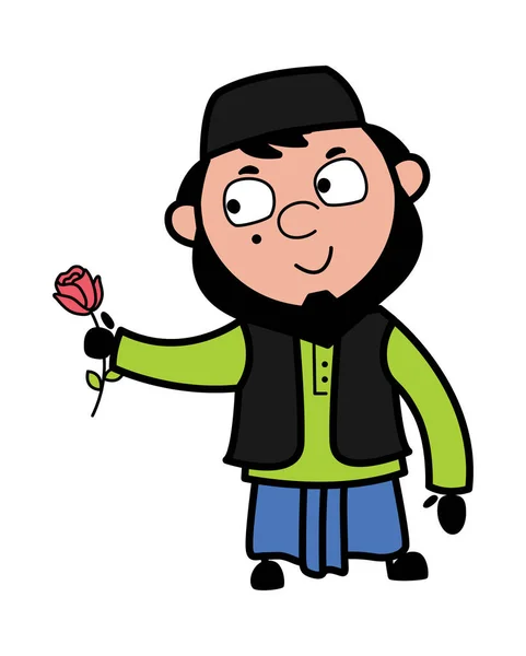 Desenhos Animados Homem Muçulmano Dando Uma Rosa Vermelha — Vetor de Stock