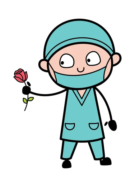 Cartoon Chirurg Gibt Eine Rote Rose — Stockvektor