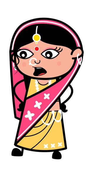 手拉着腰卡通画说话的印度女人 — 图库矢量图片