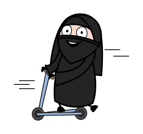 Dessin Animé Muslim Woman Rides Kick Scooter — Image vectorielle