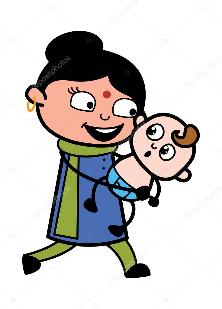 Cartoon Indian Lady Holding a Baby