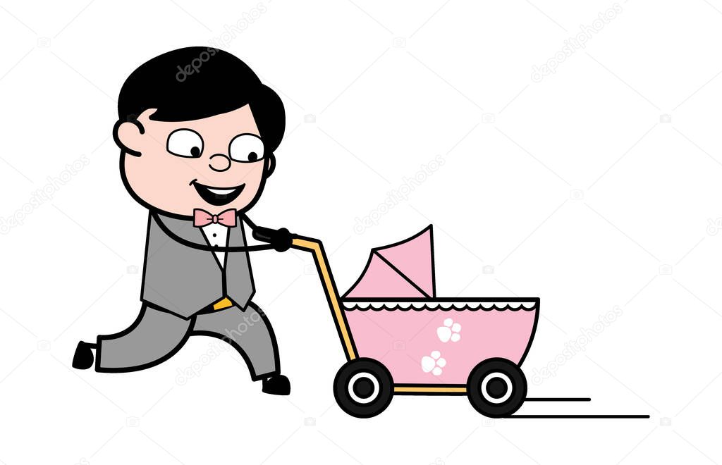 Cartoon Groom with Baby Cart