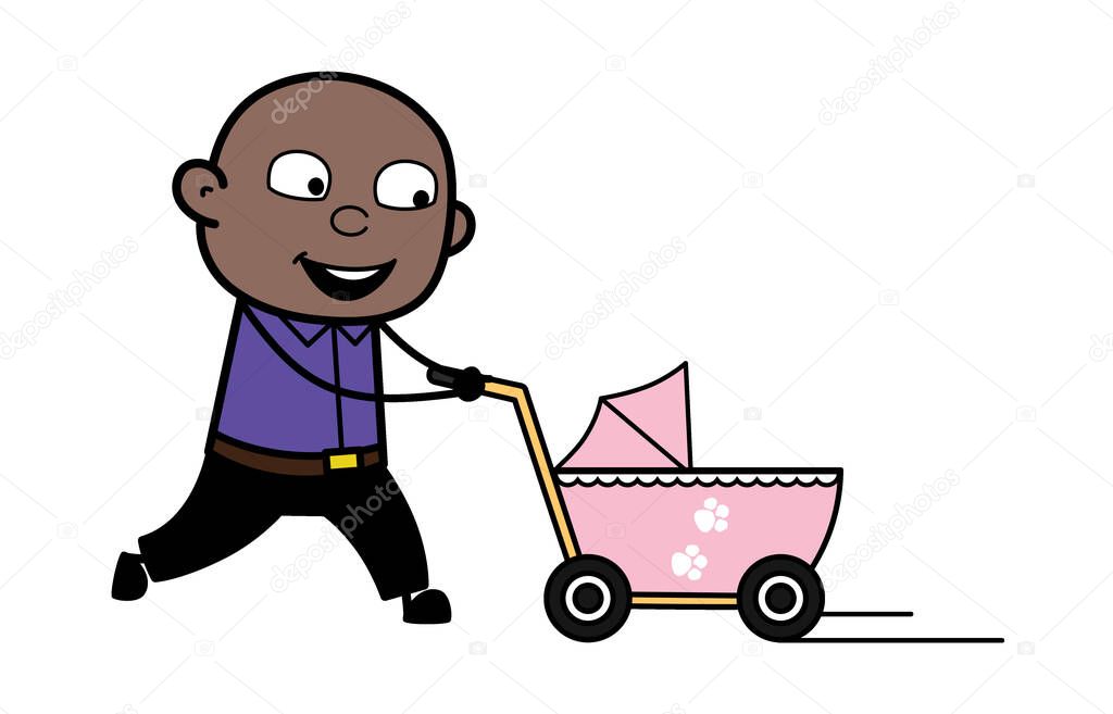 Cartoon Bald Black Man with Baby Cart