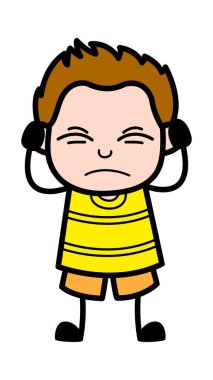 Kulakları Kaplayan Genç Erkek Çizgi Film