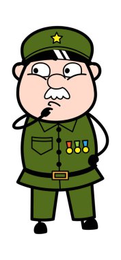 Karikatür Askeri Adam ciddi düşünüyor.