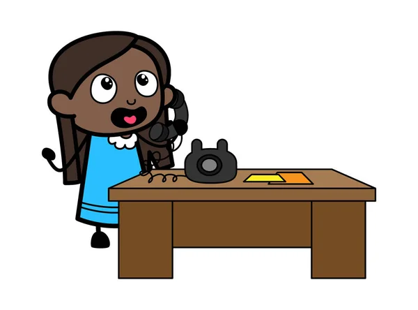 Cartoon Black Girl Μιλάει Στο Τηλέφωνο — Διανυσματικό Αρχείο