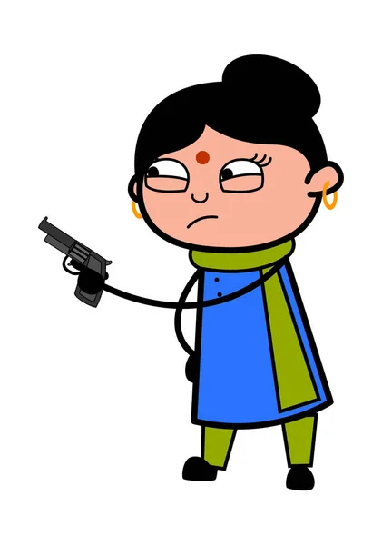 Cartoon Indienne Dame Pointant Pistolet — Image vectorielle