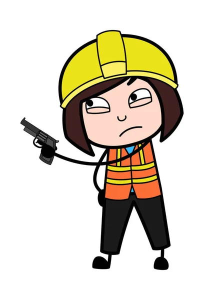 Cartoon Lady Engineer Richt Pistool — Stockvector