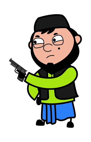 Cartoon Muslim Man Míří Pistolí — Stockový vektor