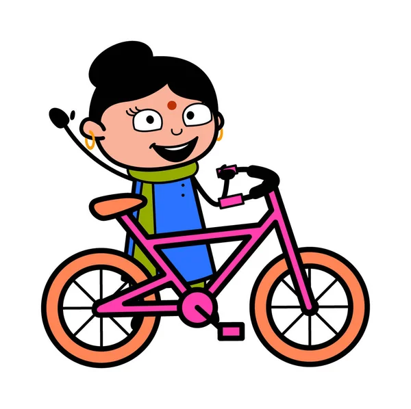 Dessin Animé Dame Indienne Avec Vélo — Image vectorielle
