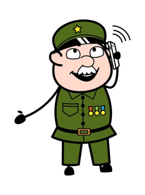 Karikatür askeri cep telefonundan konuşuyor.