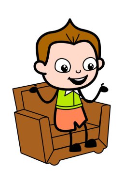 Çizgi film öğrencisi kanepede konuşuyor.