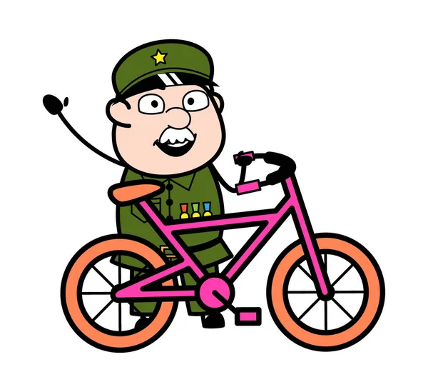 Karikatur Eines Militärmannes Mit Fahrrad — Stockvektor