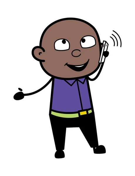 Cartoon Cartoon Bald Μαύρο Μιλάει Στο Κινητό Τηλέφωνο — Διανυσματικό Αρχείο