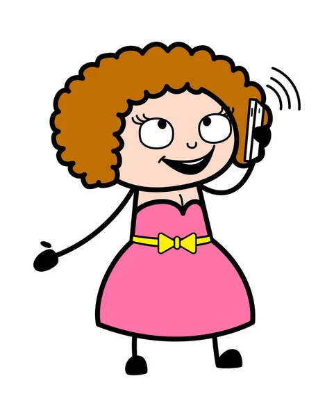 Cartoon Young Lady Rozmawia Przez Telefon Komórkowy — Wektor stockowy