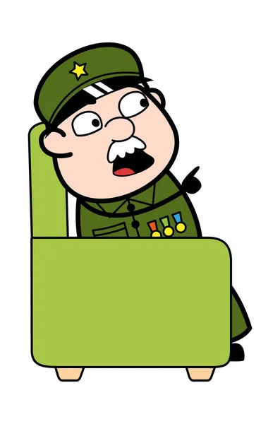 Hombre Militar Dibujos Animados Sentado Sofá — Vector de stock