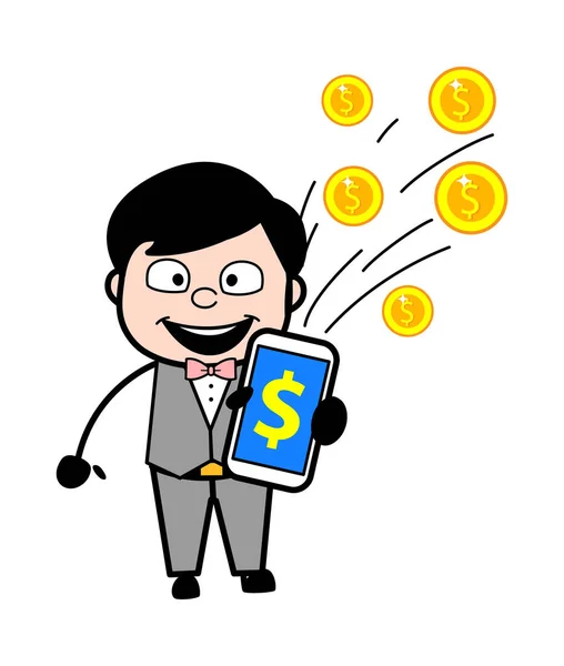Karikatura Ženich Ukazuje Mobilní Peníze — Stockový vektor