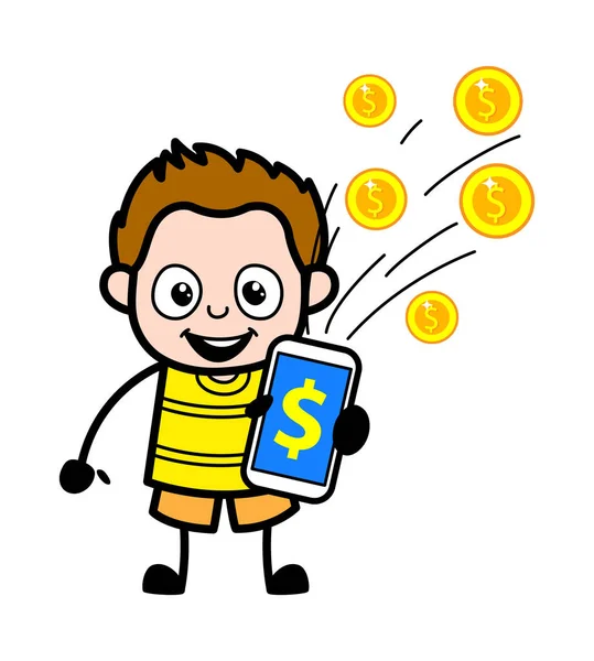 Cartoon Young Boy Menunjukkan Mobile Money - Stok Vektor