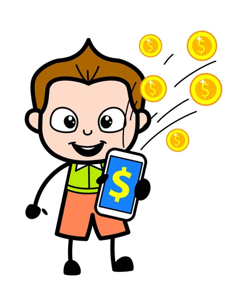 Cartoon Schoolboy Pokazując Mobile Money — Wektor stockowy