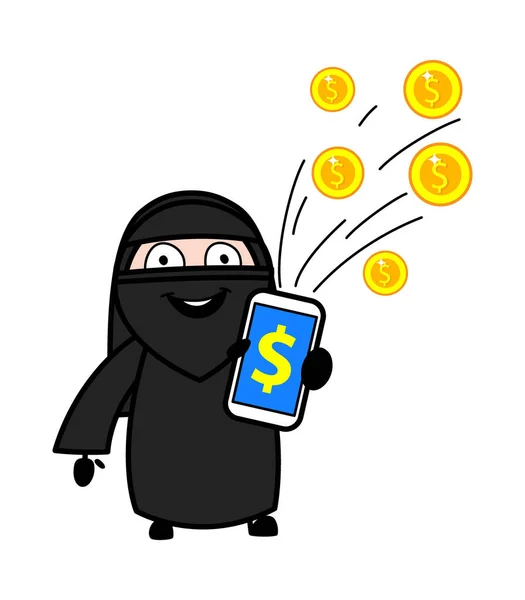 モバイルマネーを示す漫画イスラム教徒の女性 — ストックベクタ