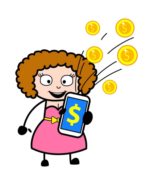 Cartoon Young Lady Menunjukkan Mobile Money - Stok Vektor