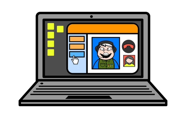 Cartoon Militar Man Video Call Laptop —  Vetores de Stock
