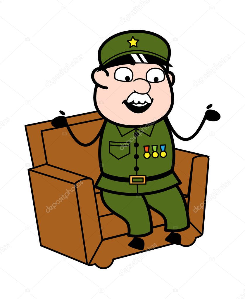Cartoon Military Man talking on sofa