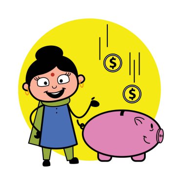 Çizgi filmdeki kadın kumbarada para biriktiriyor.