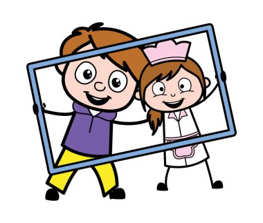 Çizgi film çocuğu garson kızla karede.