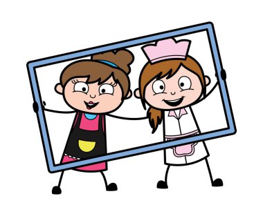 Garsonun yanındaki karikatür güzellik uzmanı.