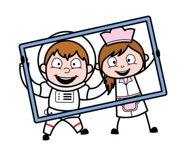 Karikatür astronotu, garson kızla karede.