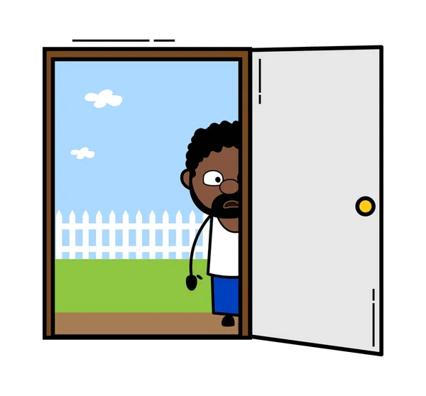 Cartoon African American Man Looking Door — Stock Vector