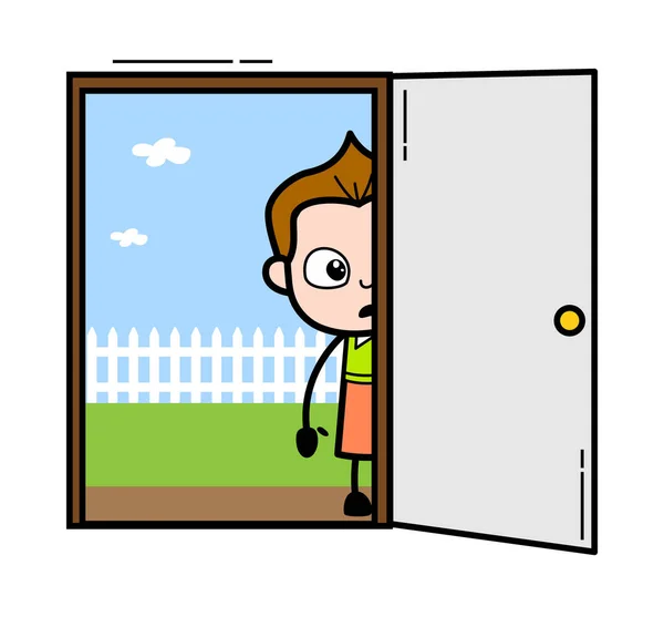 Cartoon Schoolboy Patrząc Drzwi — Wektor stockowy
