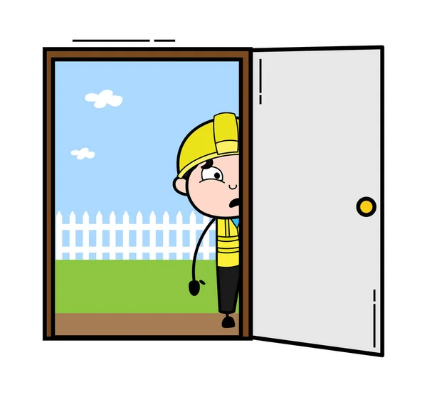Cartoon Ingenieur Blickt Von Der Tür — Stockvektor
