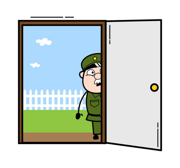 Homem Militar Dos Desenhos Animados Olhando Porta —  Vetores de Stock