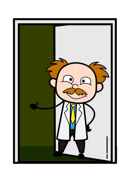 Cartoon Scientist Standing Door — Stock Vector