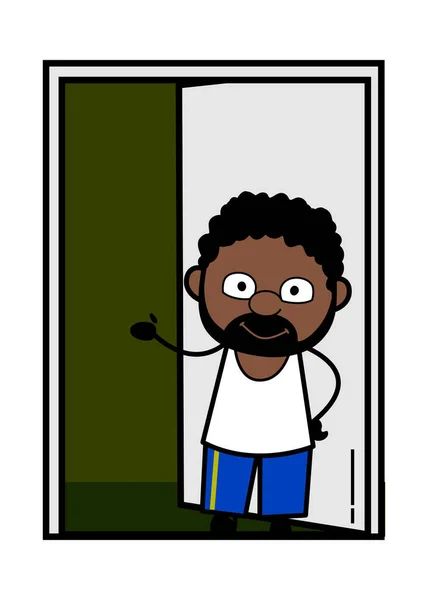 Dibujos Animados Hombre Afroamericano Pie Puerta — Vector de stock