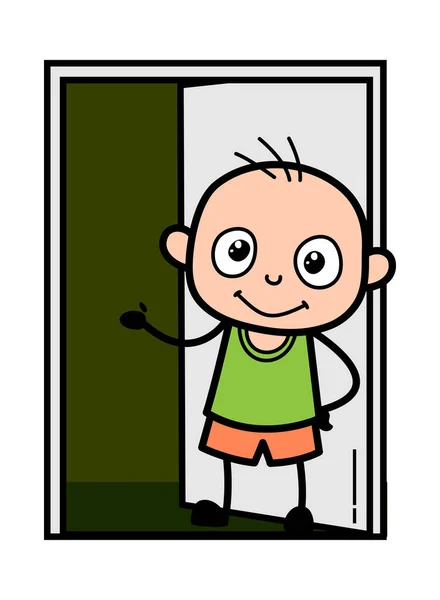 Karikatur Glatzkopf Steht Vor Tür — Stockvektor