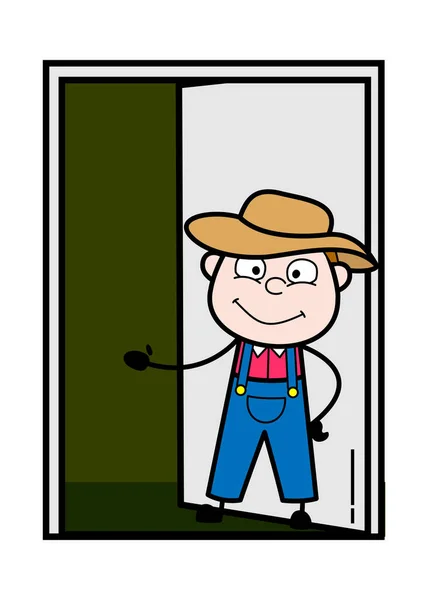 Cartoon Farmer Piedi Alla Porta — Vettoriale Stock