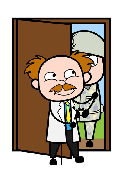 Cartoon Scientist opening Door