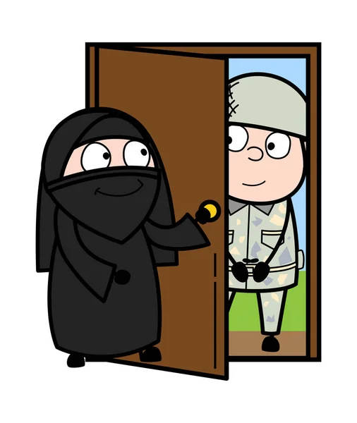 Desenhos Animados Muçulmano Mulher Abertura Porta —  Vetores de Stock