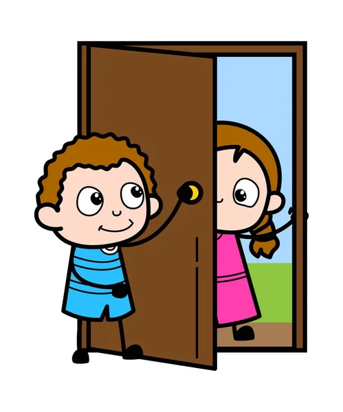 Cartoon Kid Öffnet Tür — Stockvektor