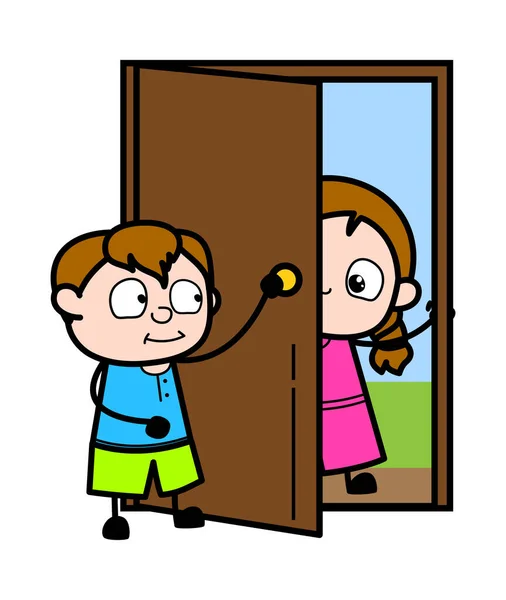 Cartoon Teen Boy Öffnet Tür — Stockvektor